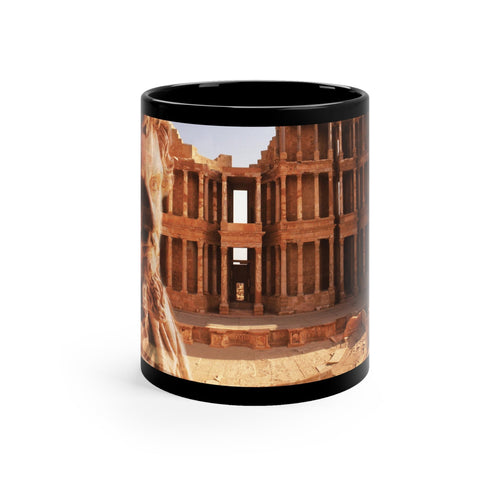 Septimius Severus and Theater of Sabratha black ceramic mug - Classical emperor bust with Roman theater ruins in golden terracotta double exposure on premium black drinkware